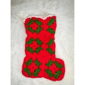 Vintage handmade Granny Square crochet Patchwork Christmas stocking 12" Red